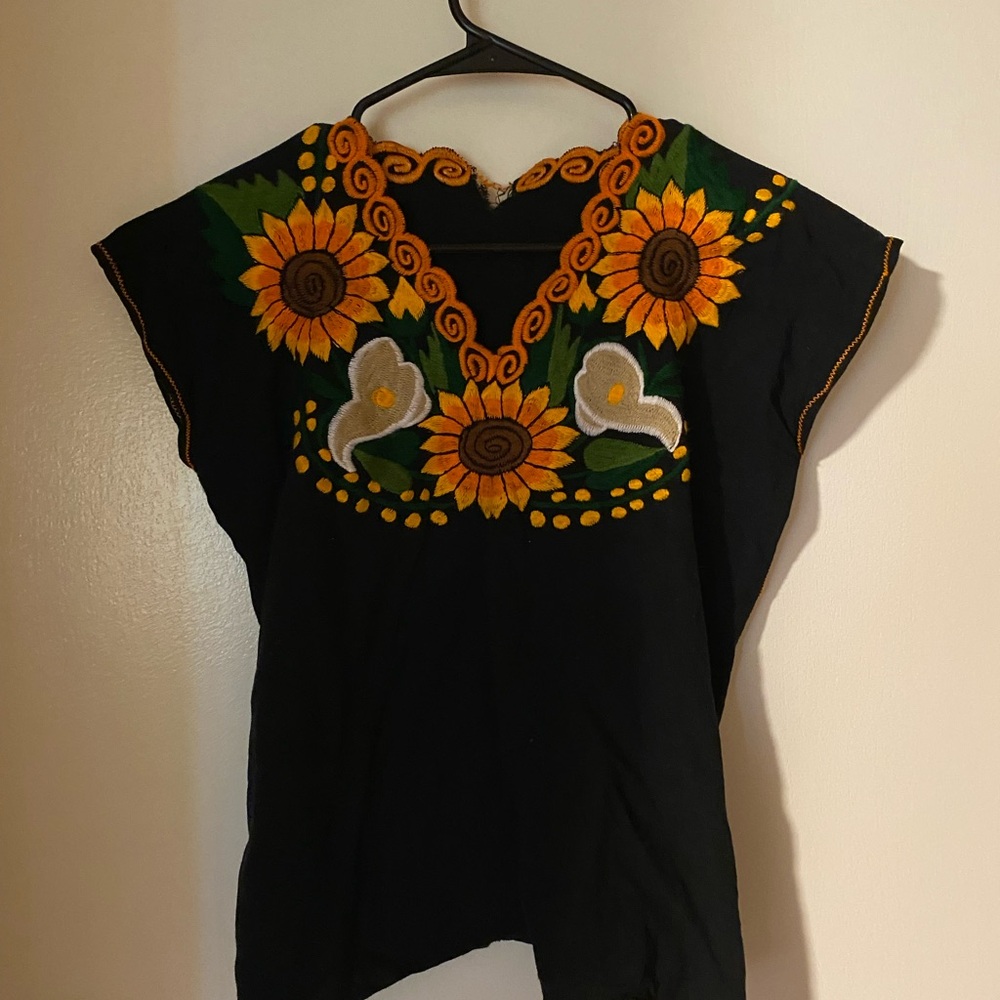 Sunflower Embroidered Black Blouse